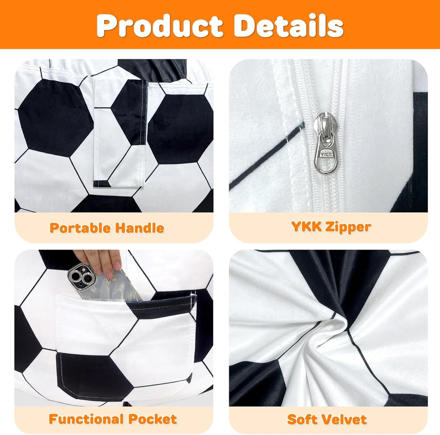Lukeight Soccer Bean Bag Chair for Kids Teens Adults, Memory Foam Filled Floor Lounger, Washable Velvet Cover with Inner Liner, Beanbag Chair with Filling for Gaming and Reading, X-Large 30"D x 18"H