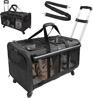 GOYJOY Double-Compartment Pet Rolling Carrier with Wheels for 2 Pets,for Up to 35 LBS,Cat Rolling Carrier for 2 Cats,Super Ventilated Design,Ideal for Traveling/Hiking /Camping