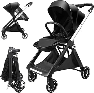 Reversible Baby Stroller, Foldable Toddler Stroller with Reversible Seat, Adjustable Backrest & Canopy, Foldable High Landscape Infant Pram Pushchair with Spacious Seat for Family Outings