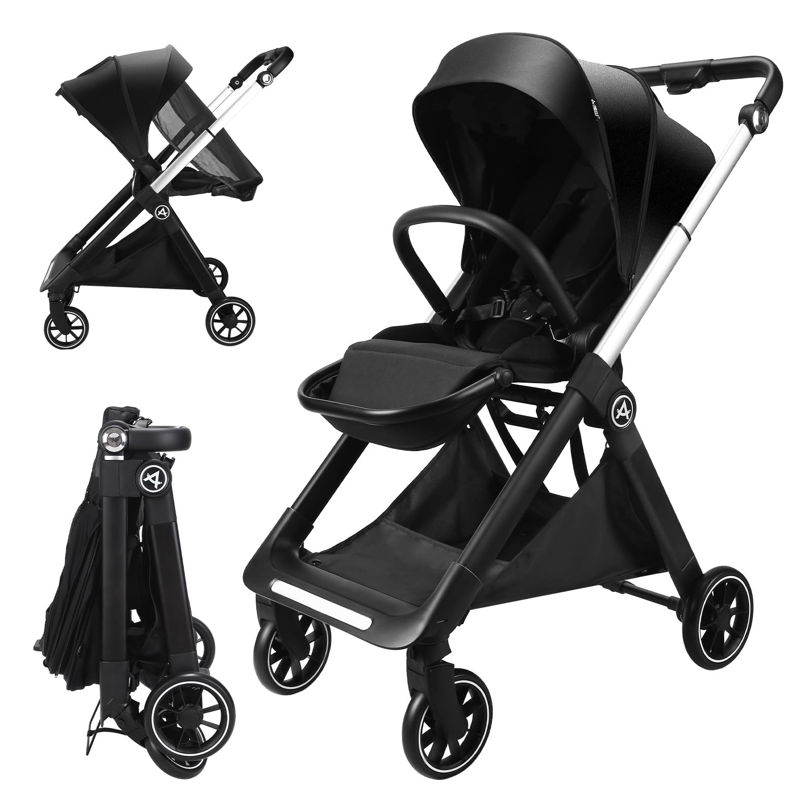 Reversible Baby Stroller, Foldable Toddler Stroller with Reversible Seat, Adjustable Backrest & Canopy, Foldable High Landscape Infant Pram Pushchair with Spacious Seat for Family Outings