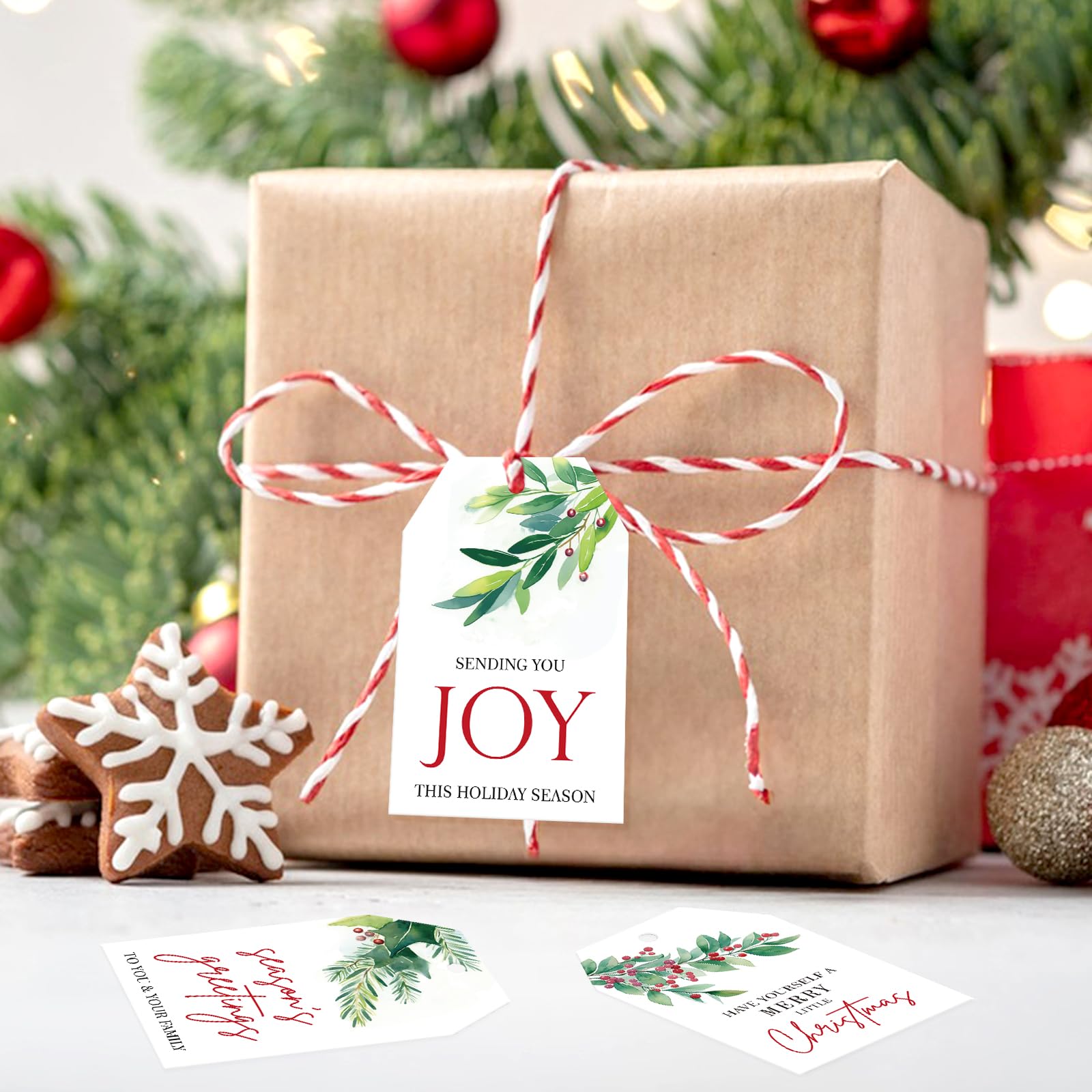 100 étiquettes Cadeau Kraft Noël - 7x2 Cm - Avec 20 M De Ficelle Rouge/blanche - "Merry Christmas" Imprimé