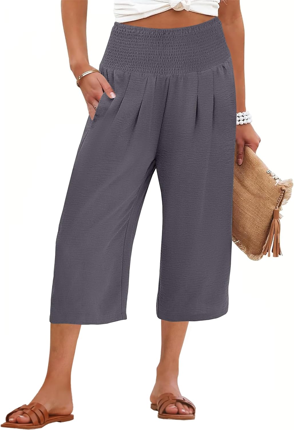 ANRABESS Capris Pants for Women Summer Casual Loose Flowy High Waisted Smocked Palazzo 2026 Lounge Beach Cropped Trousers