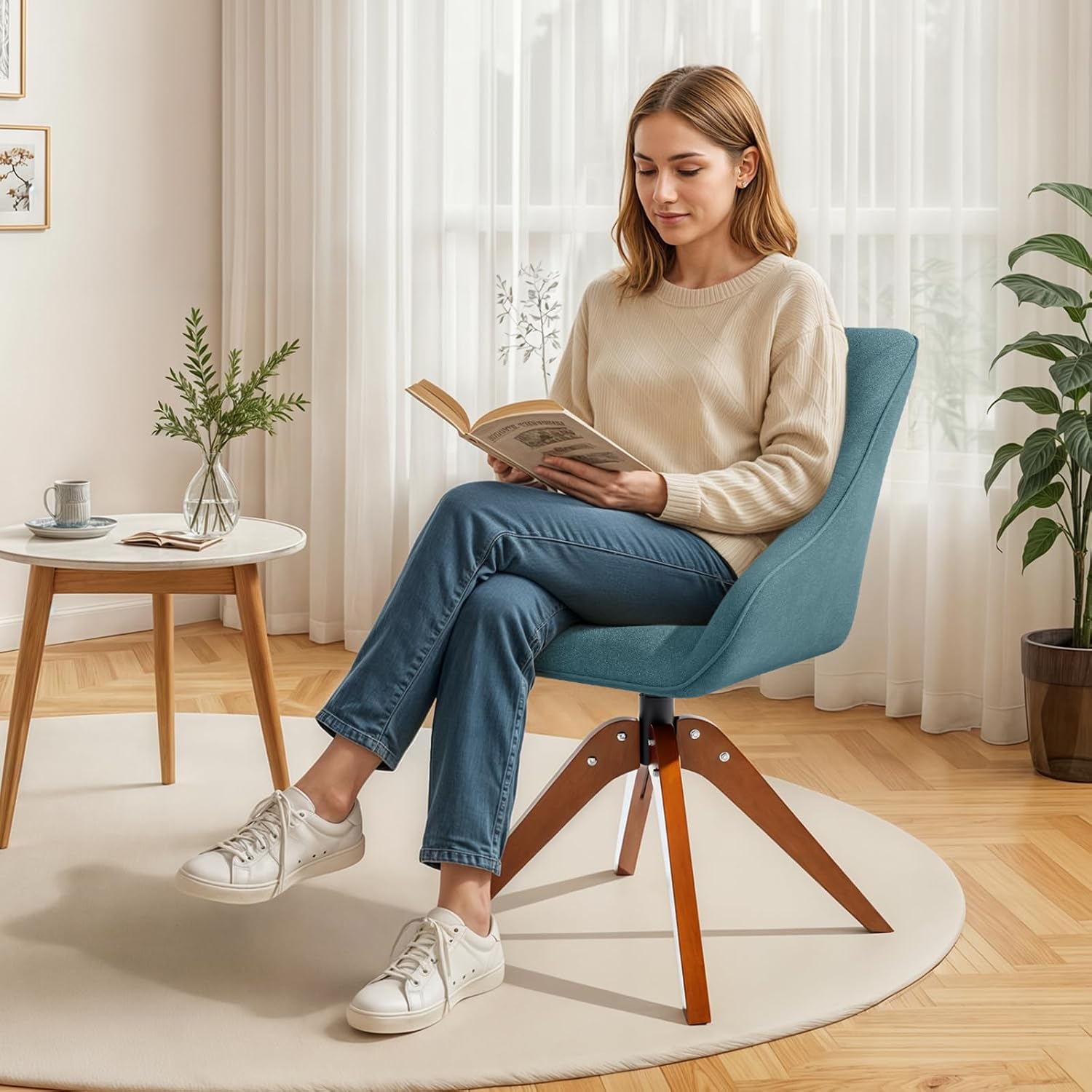 MoNiBloom Swivel Accent Chair, Mid Century Modern Armchair with Solid Wood Legs, Home Office Desk Chair No Wheels for Office, Living Room, Bedroom, Sky Blue