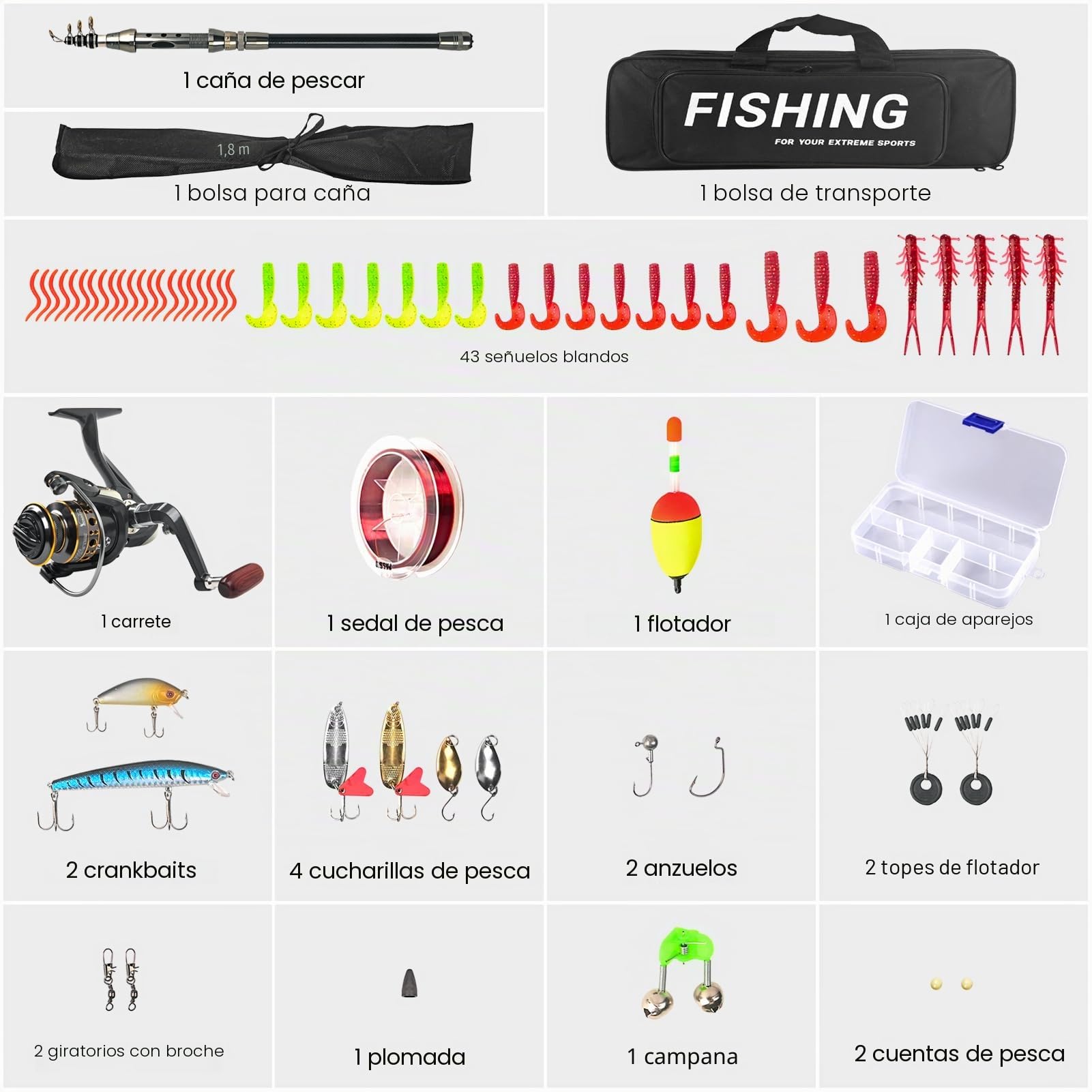 Juego completo de caña de pescar, caña de pescar telescópica de 1,8 m, con caña de pescar, carrete combinado, accesorios de pesca, bolsa de transporte, varilla de pesca para principiantes para agua