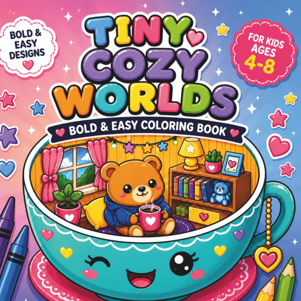 Tiny Cozy Worlds Coloring Book: Bold & Easy Cute Designs for Kids Ages 4–8