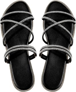 Women’s Glitter Rhinestone Sandals Slip On Strappy Flat
