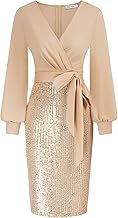 GRACE KARIN Women Elegant Formal Sequins Dresses Wrap V Neck Long Sleeves Midi Bodycon Party Dress