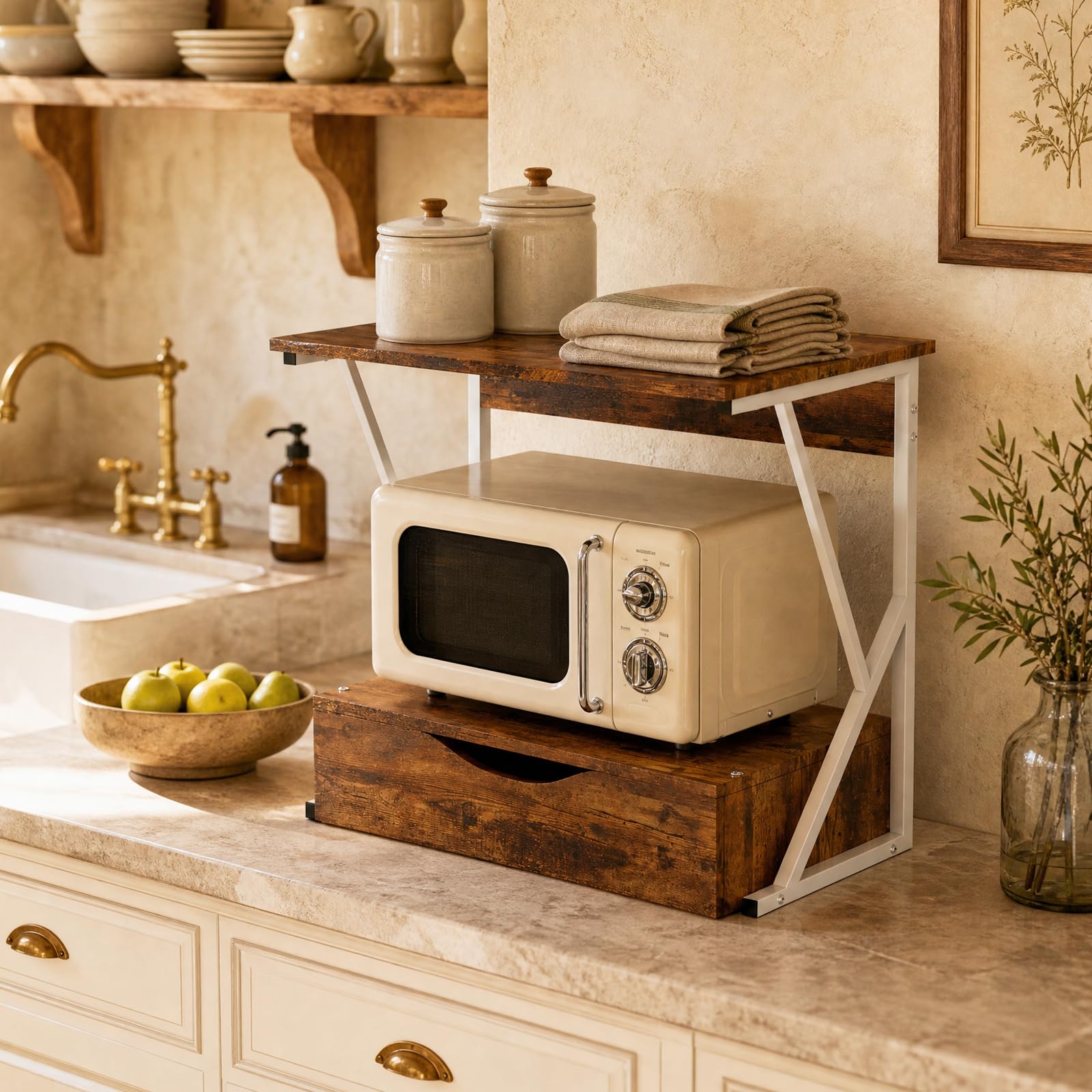 Étagère pour Micro-Ondes, Structure en métal avec étagère en Bois MDF et tiroir Organisateur, Porte-ustensiles de Cuisine, Design Moderne, 54 x 35 x 50 cm-Bois brûlé