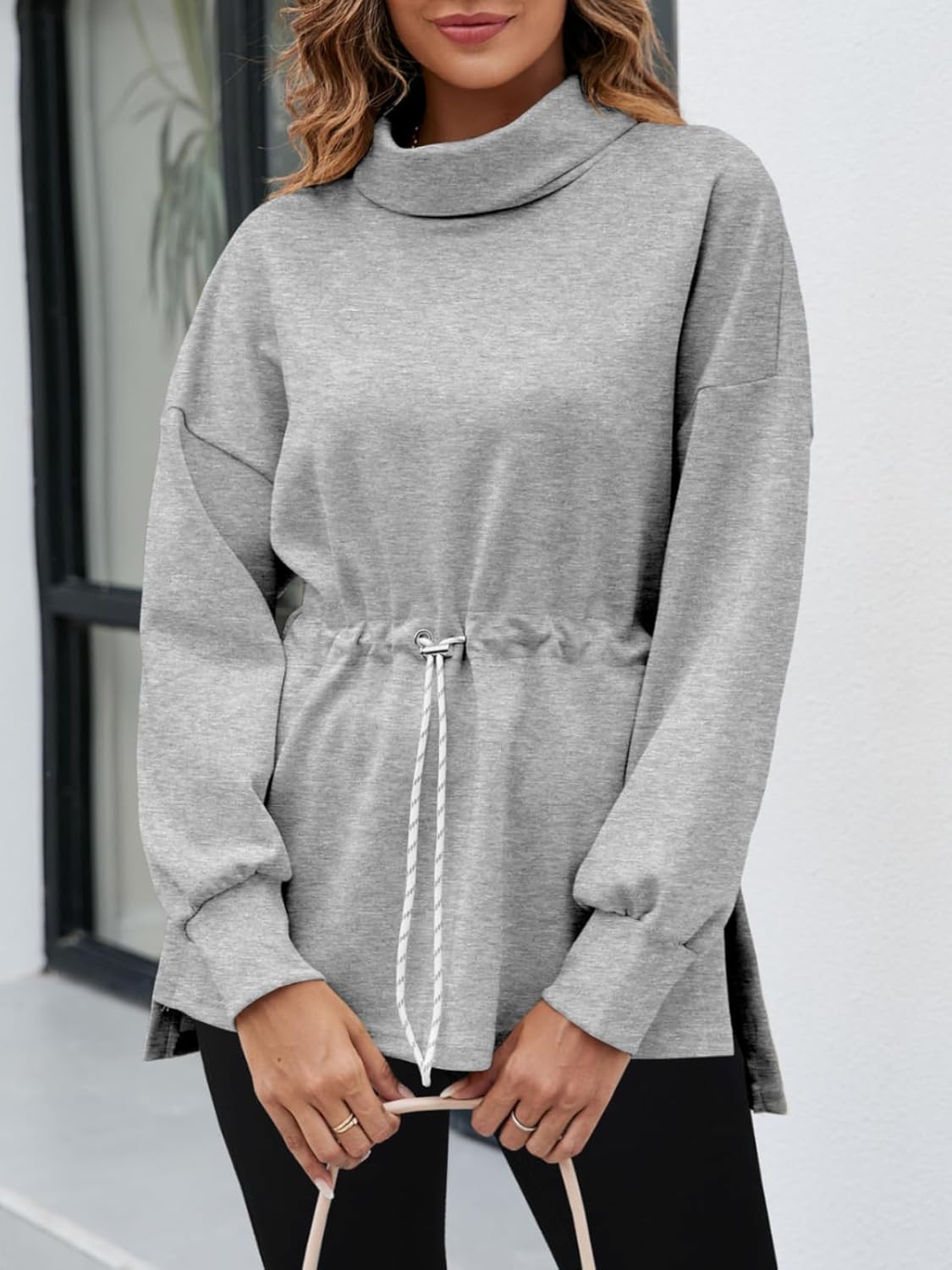 Women's Turtleneck Sweatshirts Long Sleeve Pullover Tops Side Slit Tunic Shirts with Drawstring Waist - Image 3