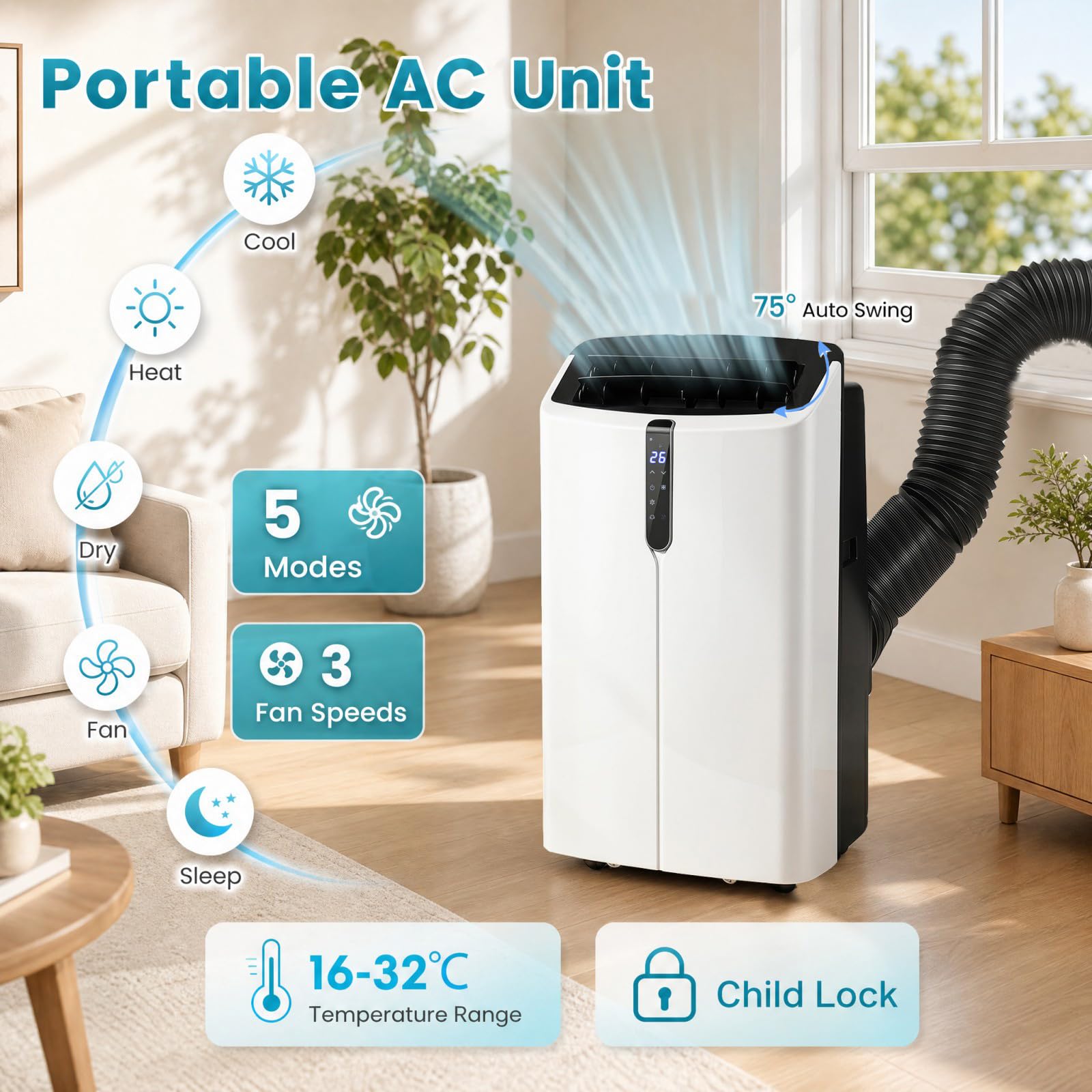 LIFEZEAL Climatiseur Mobile, Climatiseur Portable avec Fonctions Refroidissement, Chauffage, Déshumidification et Ventilation, Télécommande/Wi-Fi, Minuterie 24H (Style4-14000 BTU)