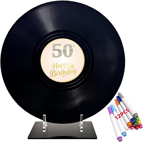 Miniatura 14 de REEGII Libro de invitados de cumpleaños estilo disco de vinilo para decoraciones de cumpleaños, póster grande de 11.6 x 11.6 pulgadas con 12 Feliz