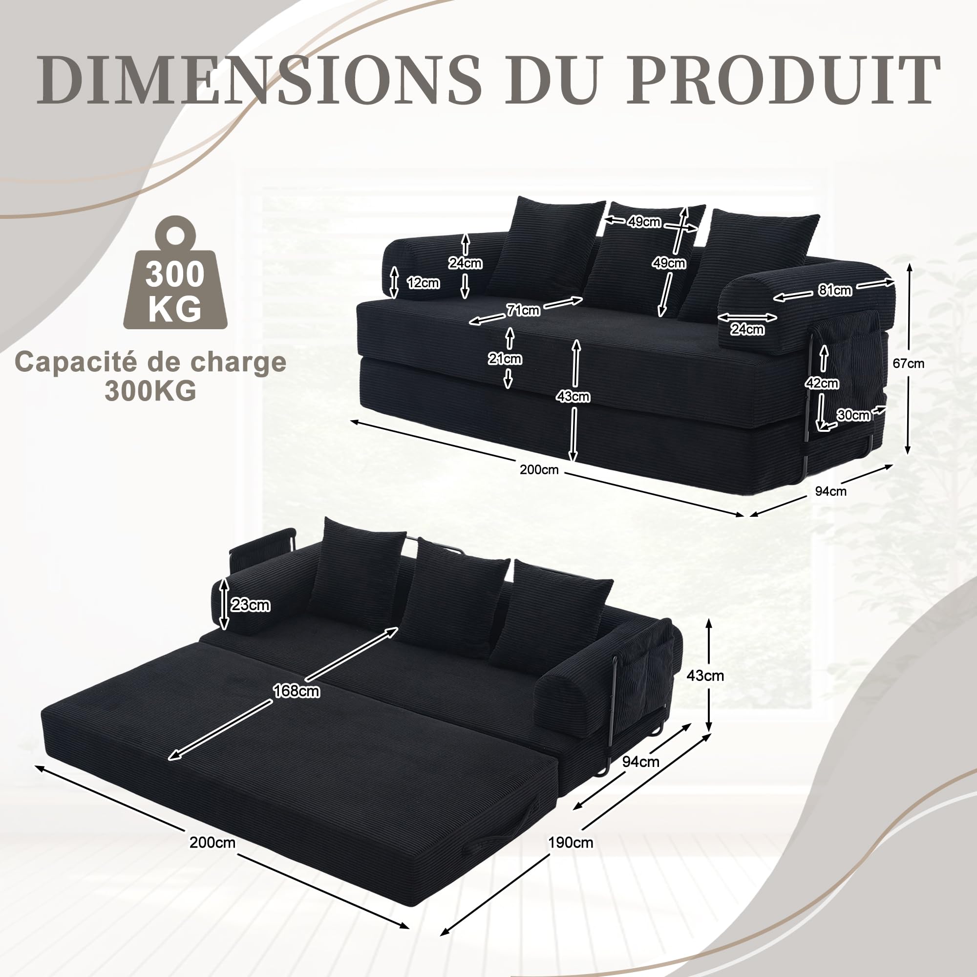 Sofa Cama Plegable Modular 3 Plazas de 200 cm, Sofá Cama con 3 Cojines y Estructura Metálica, Sofa 3 Plazas con Bolsillo Lateral, Sofás Comprimidos Boneless Couch, Pana, 200x94x67 cm, Negro
