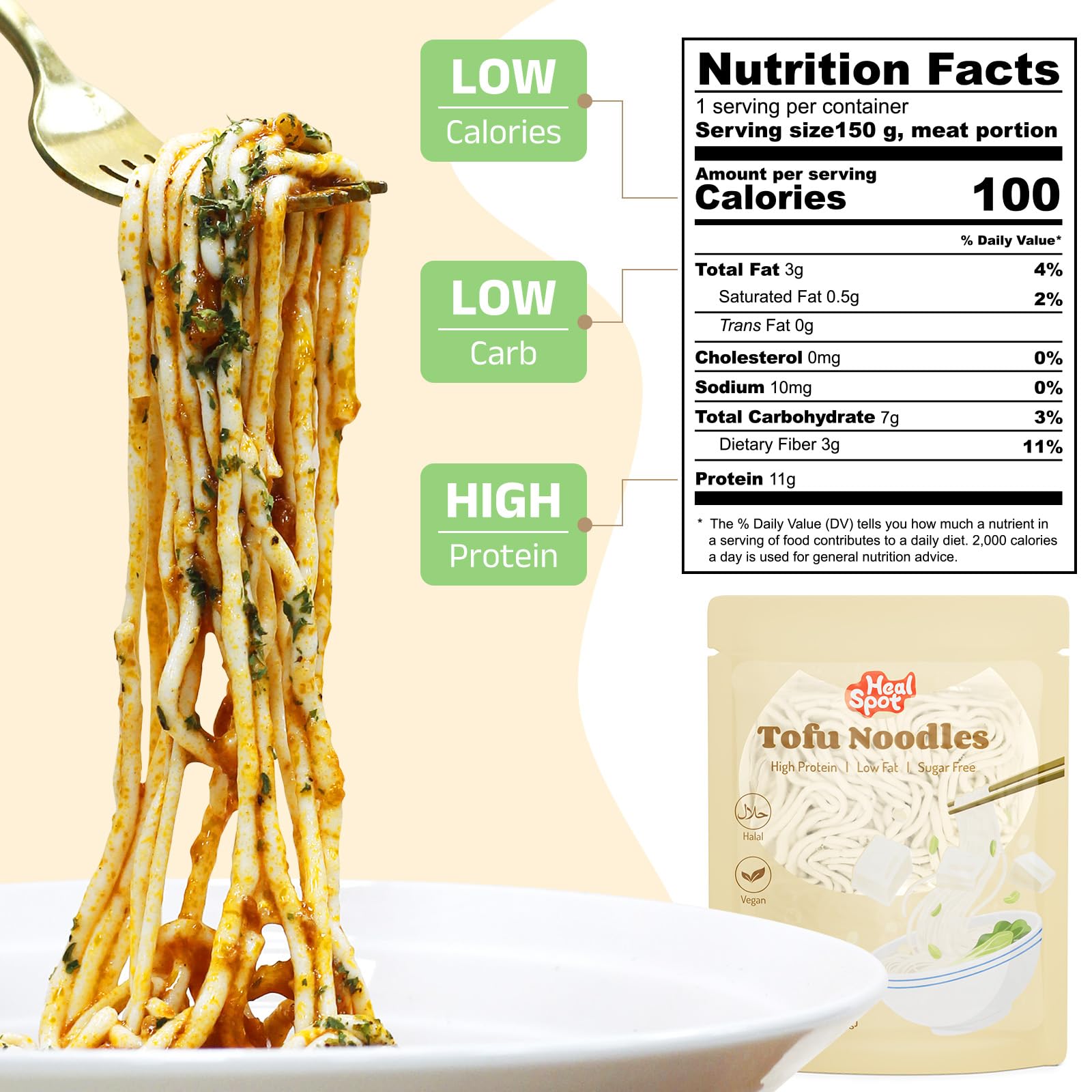 HealSpot Tofu Noodles, High protein ramen, Sugar free Pasta, Low Carb, Low Fat, Non GMO, Keto and Plant Based Friendly Instant Ramen, Ready to Eat Meals, Made with Pure Soy Milk(6 packs)