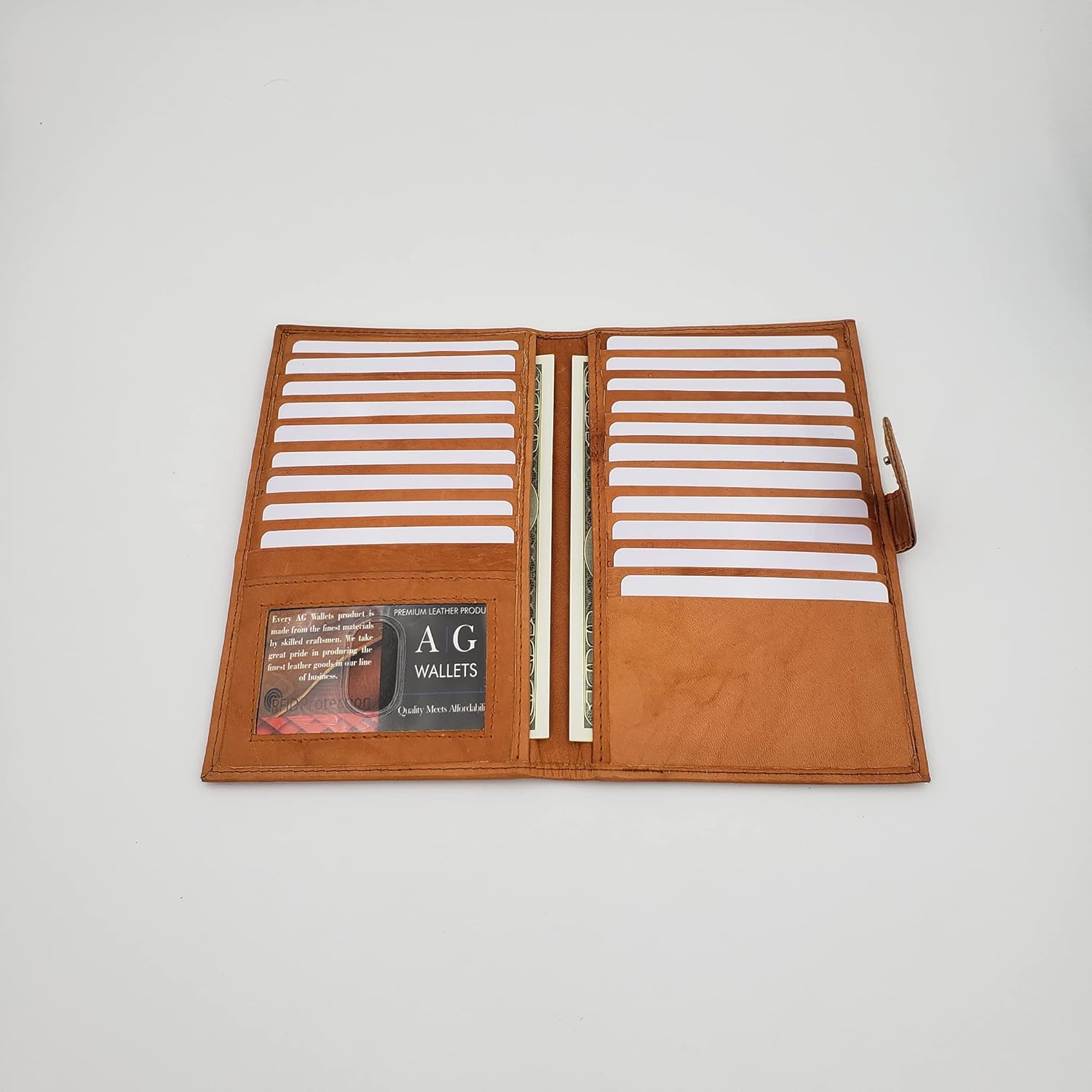 AG Wallets Genuine Leather Mens Long ID 19 Credit Card Security Wallet (RFID_TanSnapClose) - Image 9