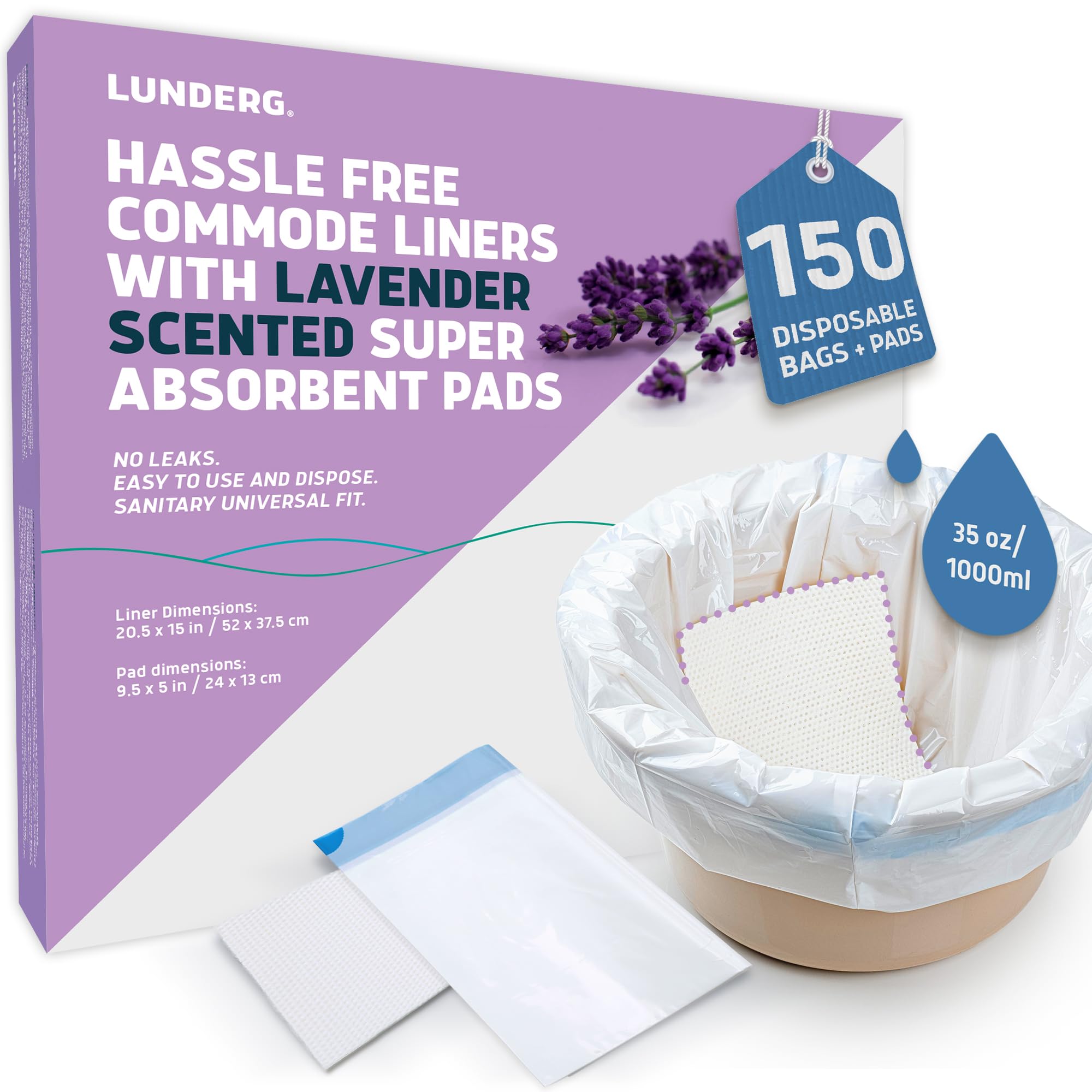 lunderg commode liners with absorbent pads - lavender scent medical grade 150 count universal fit - disposable bedside commode liners and pads for adult chairs, portable buckets & camping toilet bags