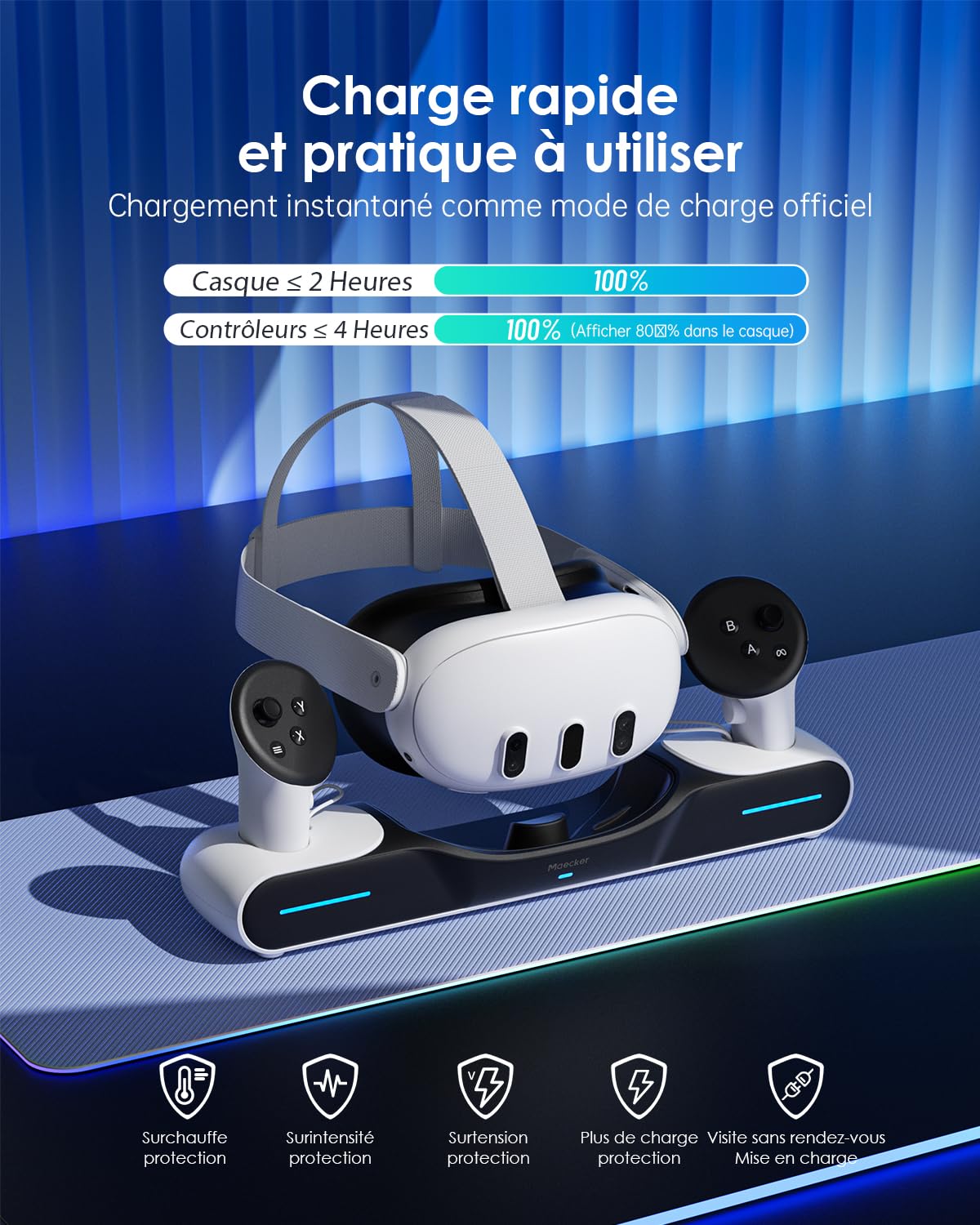 Rapide Station de Charge pour Quest 3 Station de Chargement Support pour Contrôleurs de Casque avec 2 Piles Rechargeables Accessoires pour Quest 3 - S3
