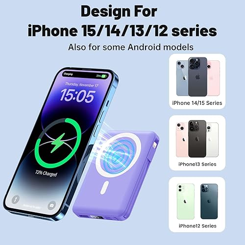 Miniatura 6 de Yiisonger Banco de energía inalámbrico magnético, cargador portátil de 10000 mAh, 22.5 W PD de carga rápida con cables incorporados, pantalla LED,