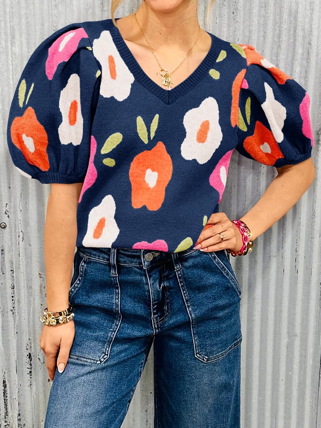 Cicy Bell Womens Puff Short Sleeve Sweater Tops 2026 Spring Summer Floral Pullover V Neck Casual Knit T Shirts - Image 2