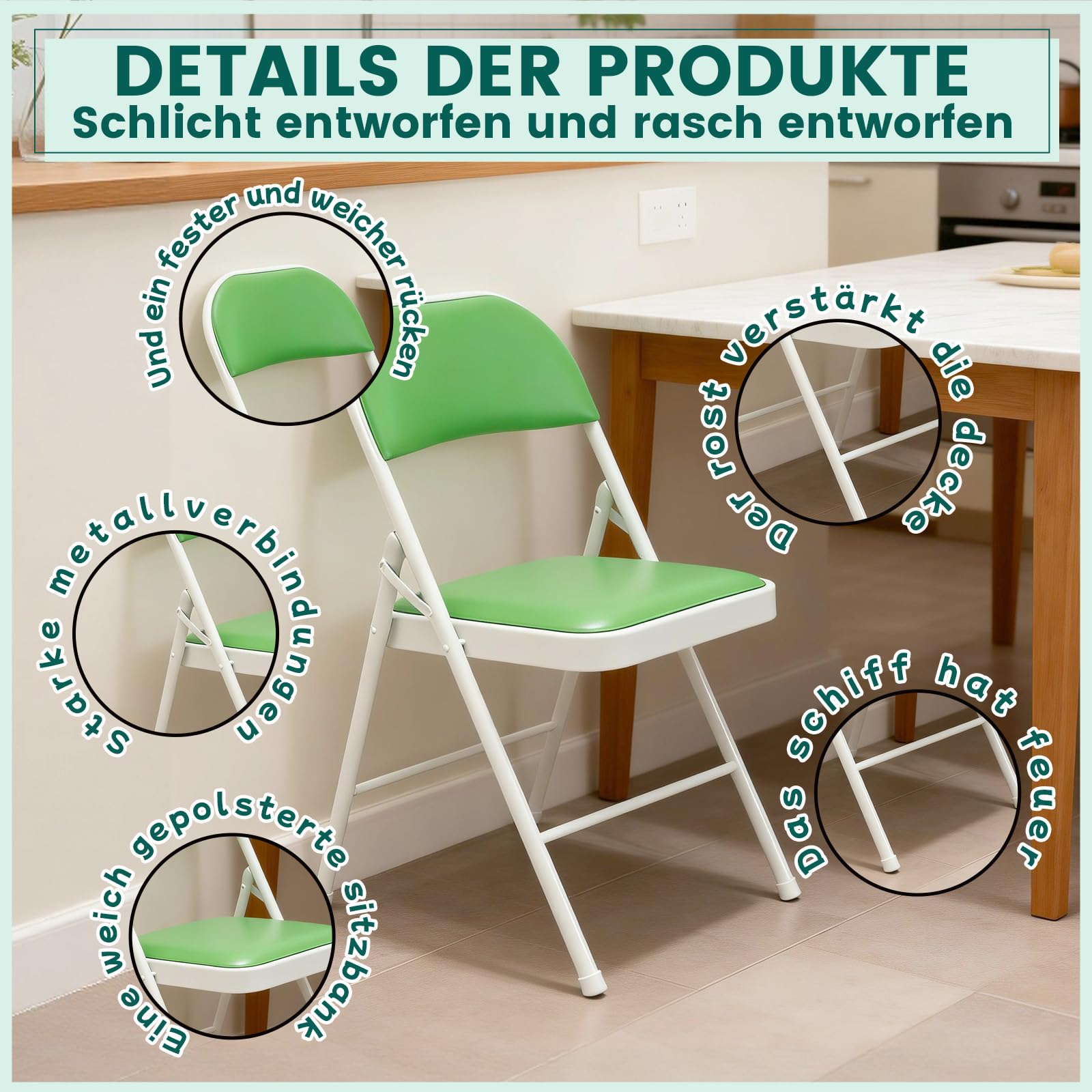 Klappstuhl 4er Set mit PU-Leder & Gepolstert Polsterung, Stabiler Metallrahmen, Leicht & Platzsparend, für Büro, Zuhause, Events Indoor Outdoor(4, Grün)