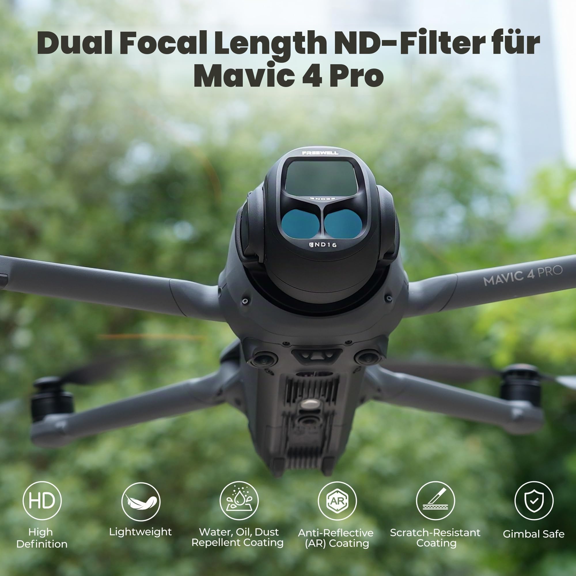 Freewell Split ND-Filter 4er-Pack für DJI Mavic 4 Pro – Split ND8/4, ND16/8, ND32/16, ND64/32 – Reduzieren Sie die Belichtung für filmische Luftaufnahmen