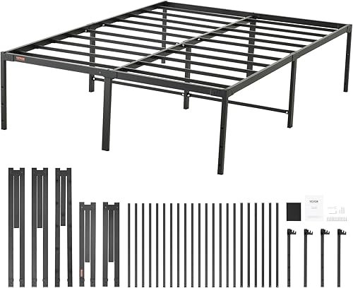 VEVOR Base de cama de metal de 18 pulgadas, no necesita somier, capacidad de carga de 1500 libras, base de colchón resistente con soporte de