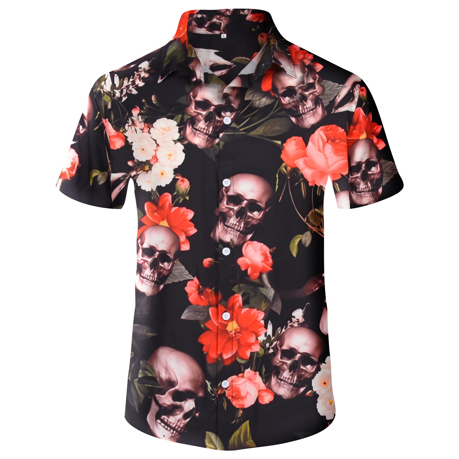 Ulikey Camisa Hawaiana Hombre, Halloween Calaveras Camisa Manga Corta, Camisa Hombre Manga Corta con 3D Impreso Vintage Rose Skull para Halloween Carnaval