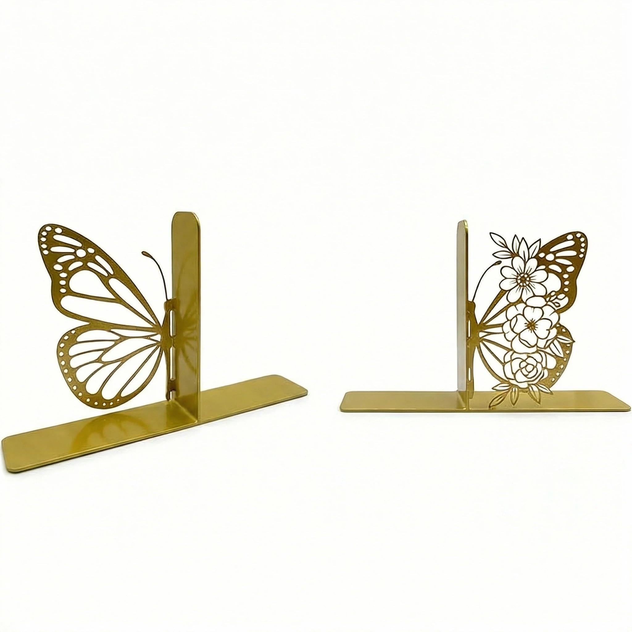 CavspkArt 1 Pair Metal Book Ends Cute Butterfly，Gold Unique Heavy Duty Bookends, Anti-slip Book Stand Stoppers, Modern Book Ends for Shelves, Office, Desk and Home Decor 20.5x13cm