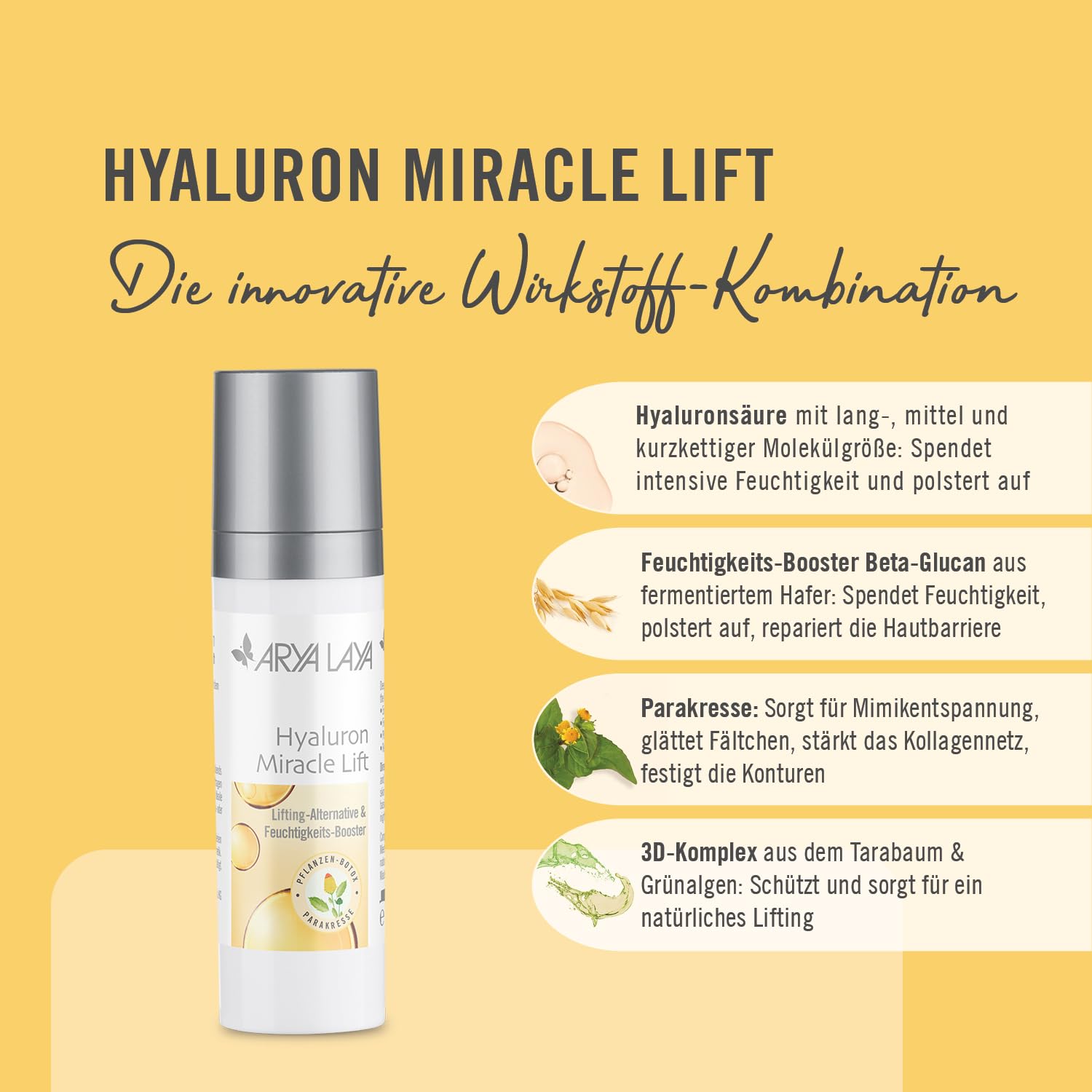 ARYA LAYA Hyaluron Miracle Lift, 50 ml | Pflanzliche Lifting-Alternative, Feuchtigkeits-Serum & Hyaluron-Booster mildert Falten, für viele Hauttypen, vegan
