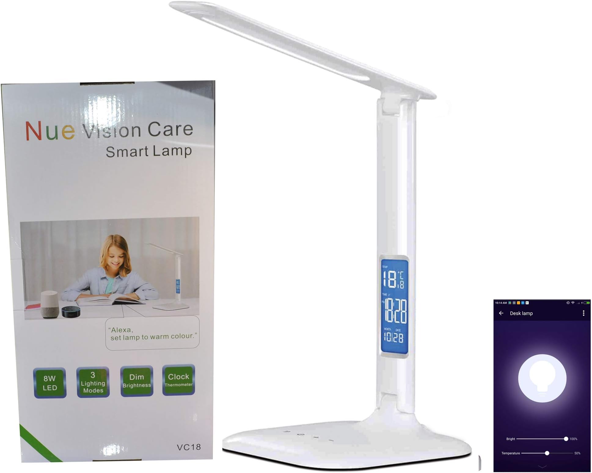 3A Nue Smart WiFi Alexa Google Assistant Control LED Desk Lamp with Eye Caring Reading Light, 3 Lighting Mode, 5-Level Dimmer, Touch Control, Built-in Clock, Calendar, Thermometer