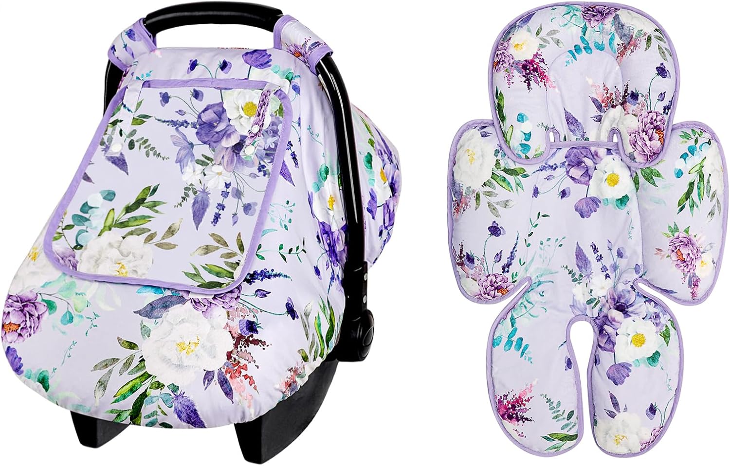 Infant Car Seat Insert & Car Seat Covers for Babies, Purple Baby Car Seat Head Support, Warm Infant Car Seat Cover, Windproof, Floral