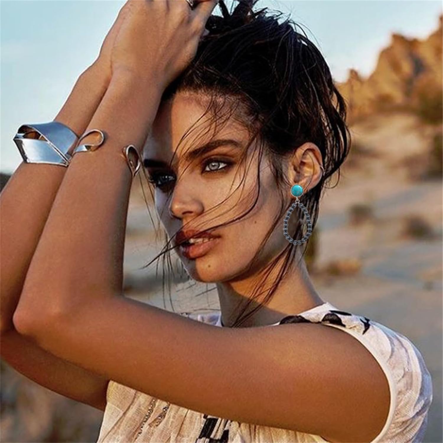 Navajo Pearls Earrings for Women Handmade Boho Turquoise Dangle Earrings Vintage Country Jewelry Western Cowgirl Accessories Gifts - Image 3