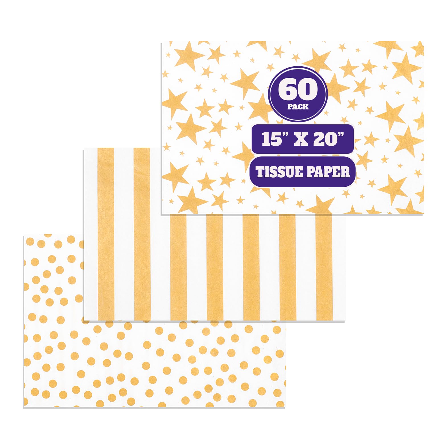 60 Sheets Gold Tissue Paper for Gift Bags - Versatile 15x20 inch White and Gold Christmas Wrapping Paper, Patterned & Printed for Festive Gift Wrap