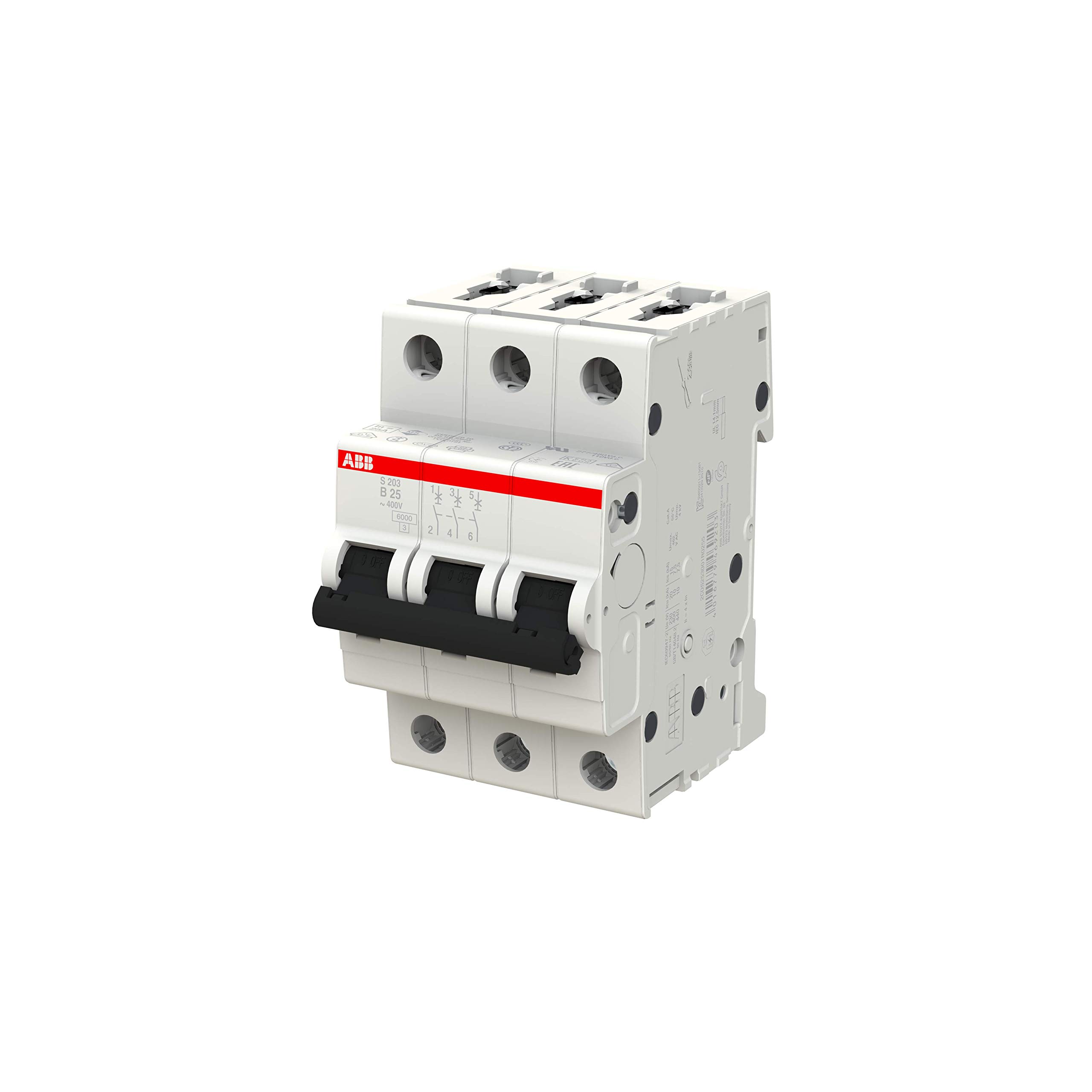ABB RCBO DS203NC FI/LS-Schalter 16A, 4-polig, Empfindlichkeit 30mA, DIN-Schienen-Montage & S200 MCB Leitungsschutzschalter Typ B, 3-polig 25A 400V, Abschaltvermögen 6 kA System Pro M Compact