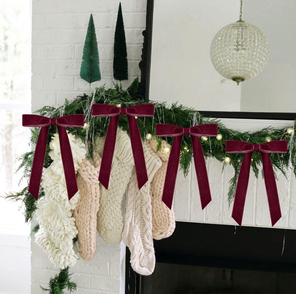 Curvier 25 Pcs Velvet Christmas Bows for Xmas Tree, Door, Gift, Staircase Decor, Vintage Wreath Bow Christmas Tree Ornaments(5x7 Inch,1" Wide) Burgundy - Image 8