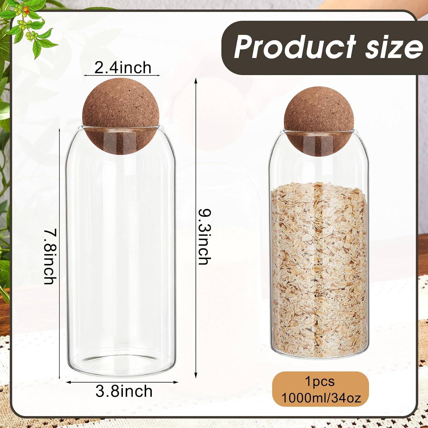 Suclain 1 Pcs Glass Jars with Cork Ball Lid Farmhouse Kitchen Canisters Coffee Bar Countertop Container Rustic Storage Jars for Bean Nut Sugar Coffee Tea Organizer Housewarming Gift (34 oz)