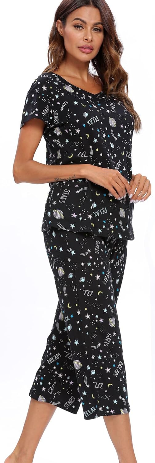 ENJOYNIGHT Womens Pajama Sets Cotton Pj Set Short Sleeve Top With Capri Pants Sleepwear 2 Piece Lounge Set - Image 4