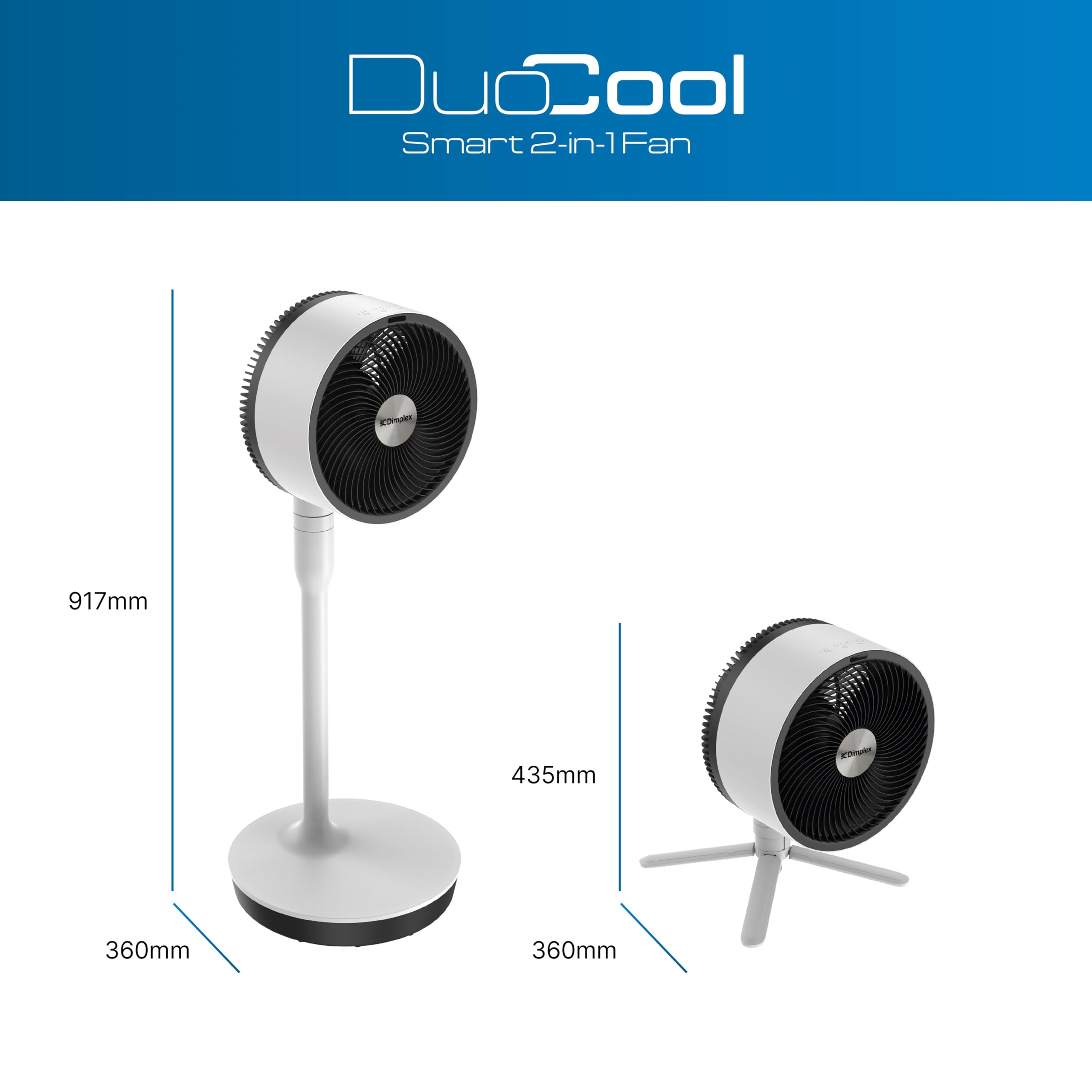 DIMPLEX DUOCOOL Smart Ventilateur 2-en-1 sur Pied & de Table Blanc, 5 Vitesses + Turbo, 20 m, 36 dB, App, Google Home & Alexa, Télécommande