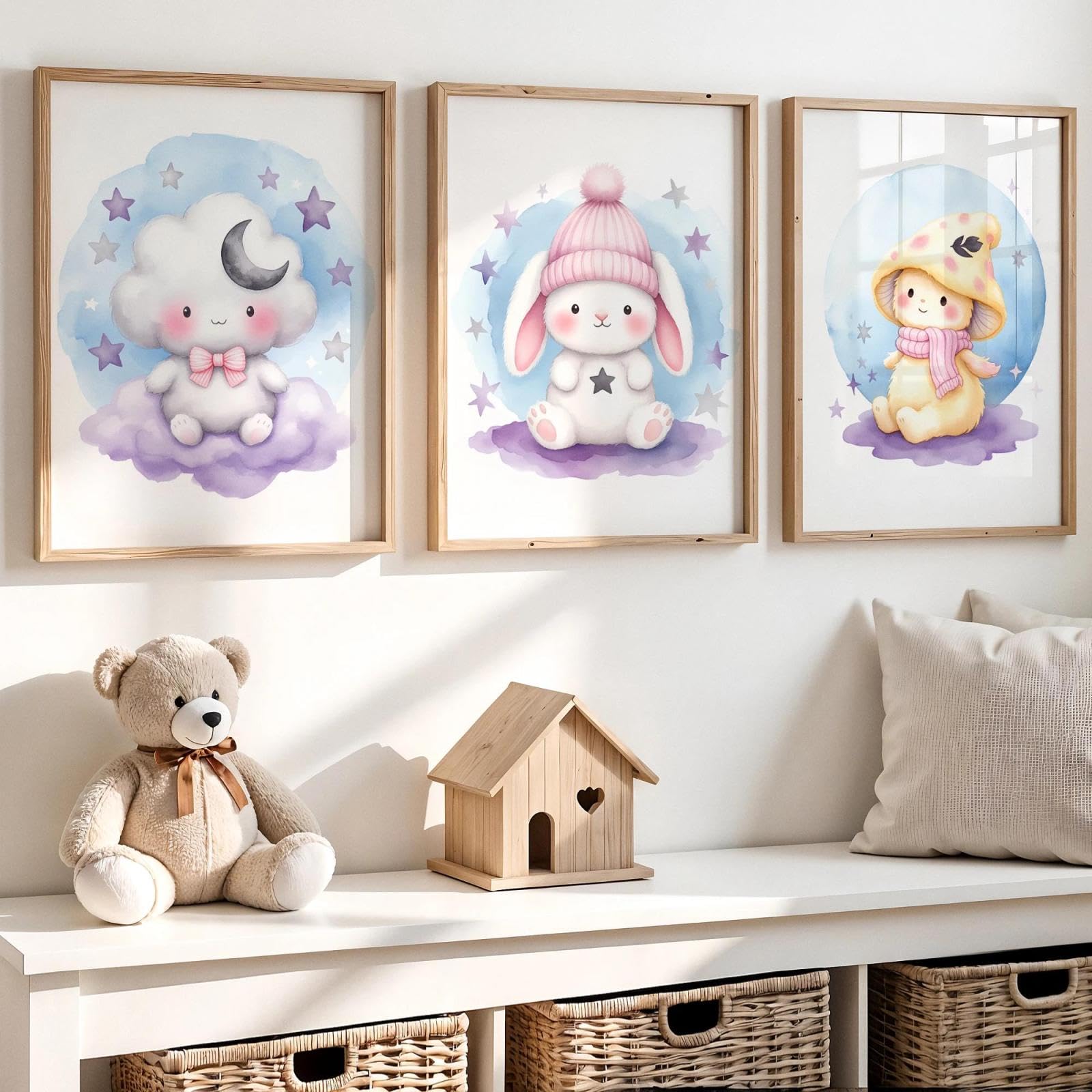Baibexing Cartoon Watercolor Purple Animal Wall Art Print Canvas Painting Poster Picture For Kids Room,Boy'S Room,Girl'S Room Home Decor 21X30Cmx3Pcs Unframed