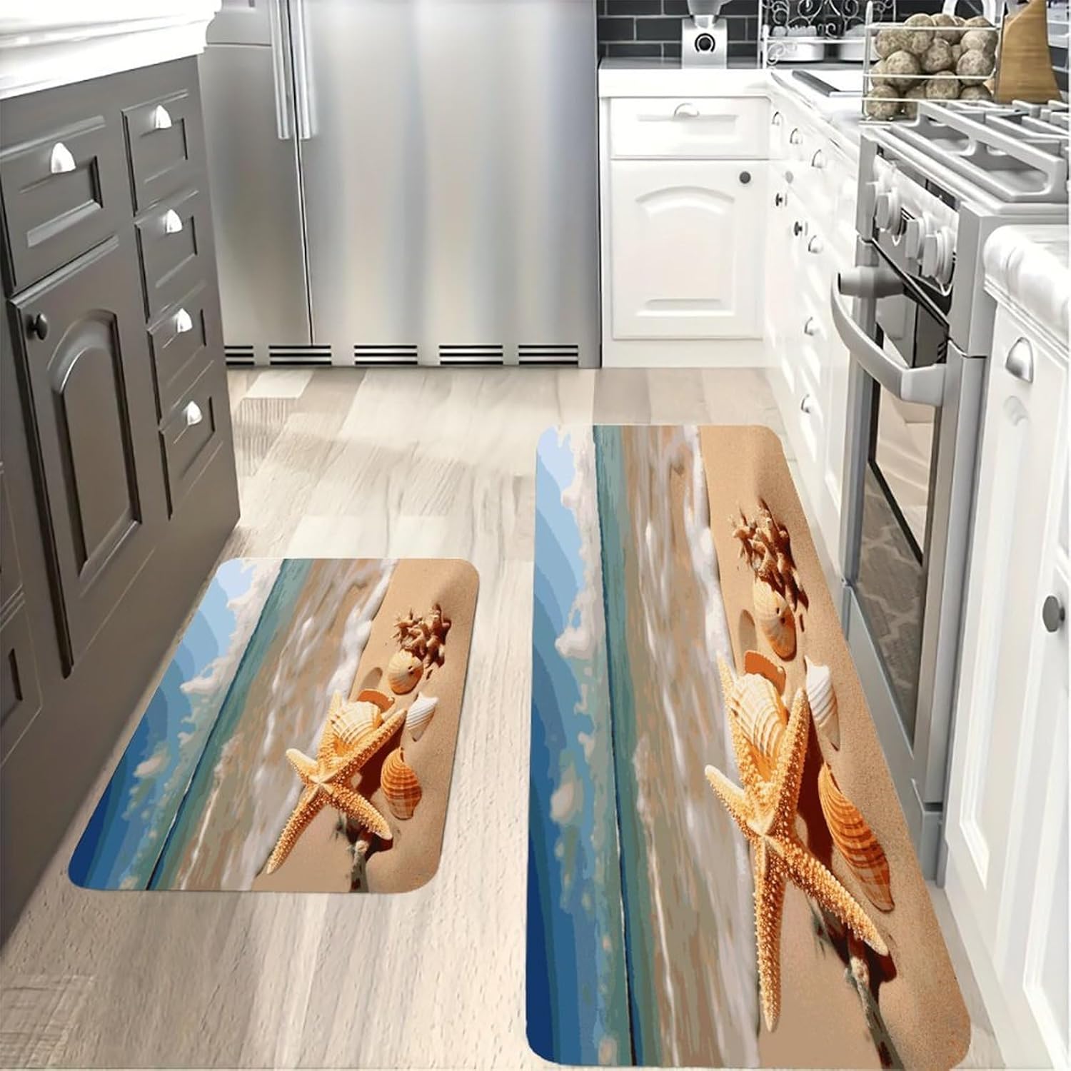 Seashells Starfish on Beach Kitchen Mats for Floor 2PCS Waterproof Non-Slip Kitchen Rugs Cushioned Anti-Fatigue Mat Heavy Duty Floor Mats Comfort Standing Mat for Kitchen Home Office Laundry