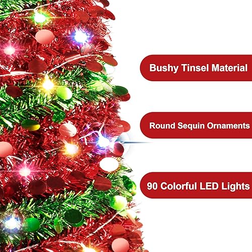 Miniatura 4 de Paquete de 2 árboles de Navidad plegables de oropel de 5 pies con 90 luces LED, árbol de Navidad artificial para hogar, oficina, fiesta, chimenea