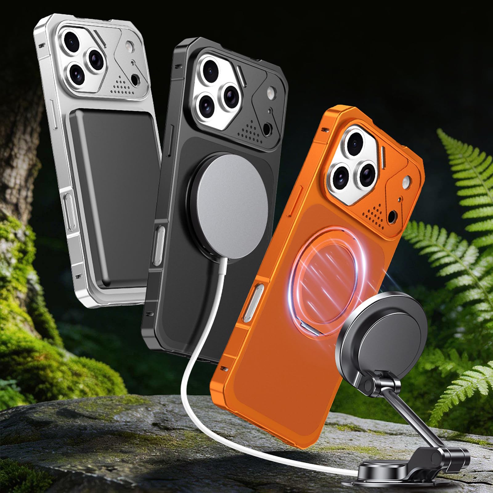 Magnetisch Hülle für iPhone 17 Pro Max/17 Pro/17, Dünne Metall Rahmen rutschfeste Schutzhülle mit Drehbar Ring Ständer Handyhülle,Schwarz,17 Pro