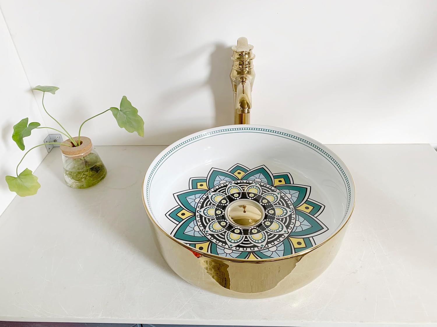 Luxury European Bohemian Style Ceramic Small Bathroom Vessel Sinks for Vanity Top Round Sink Bowl,14"size