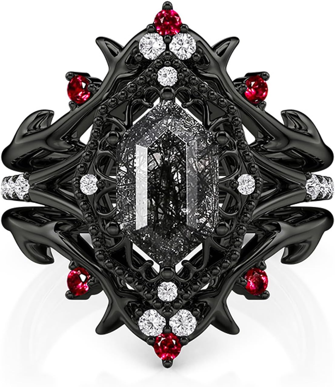 Jeulia Gothic Black Rings for Women 2PCS Thorn Hexagon Black Rutilated Quartz Bridal Set Goth Black Gold Wedding Engagement Ring Enhancer with Gift Box