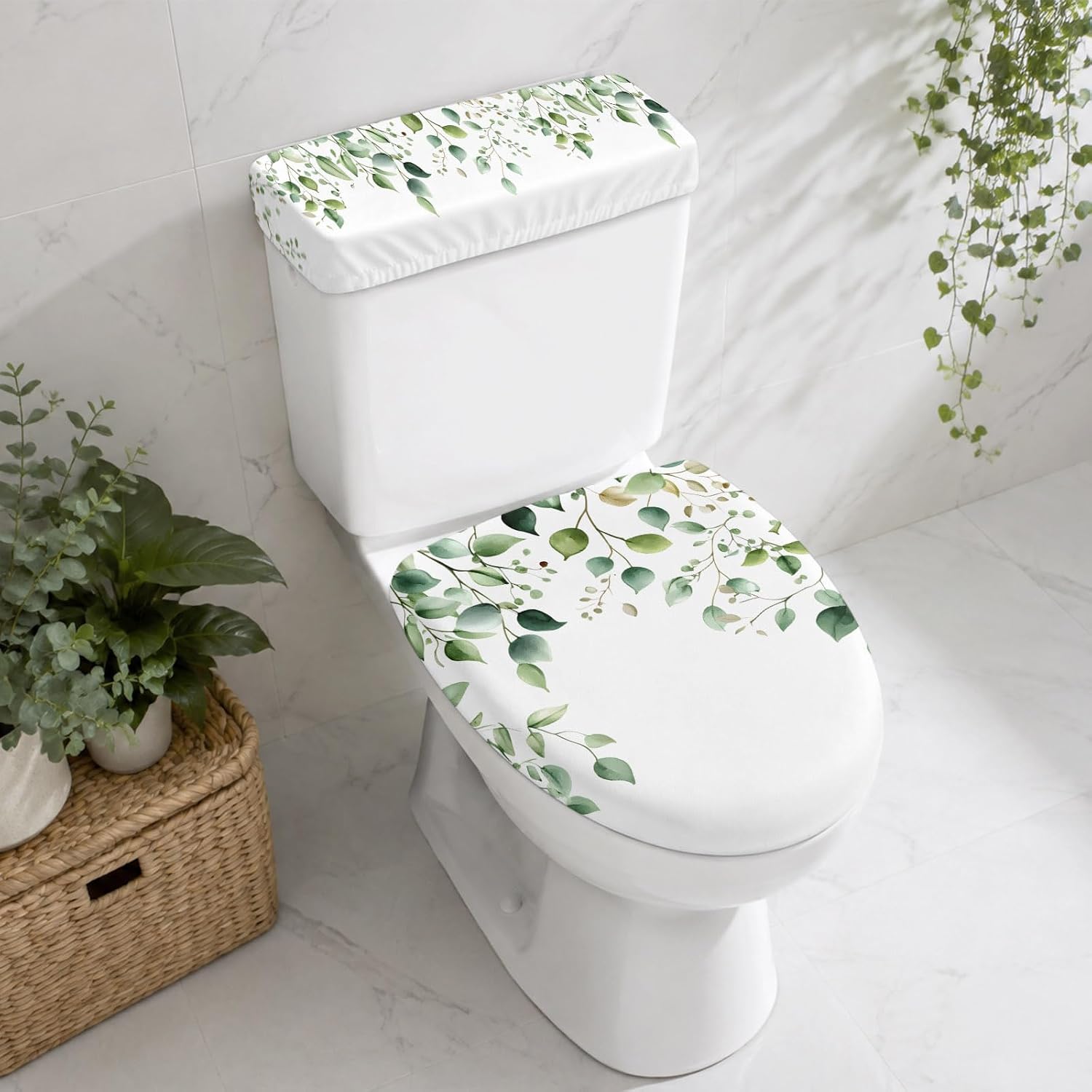 Watercolor Eucalyptus Toilet Lid Cover and Tank Cover Set, Stretch Fabric Toilet Covers with Elastic Edge, Sage Green Aesthetic Floral Plant Universal Lid Protector for Home Hotel Bathroom Decor