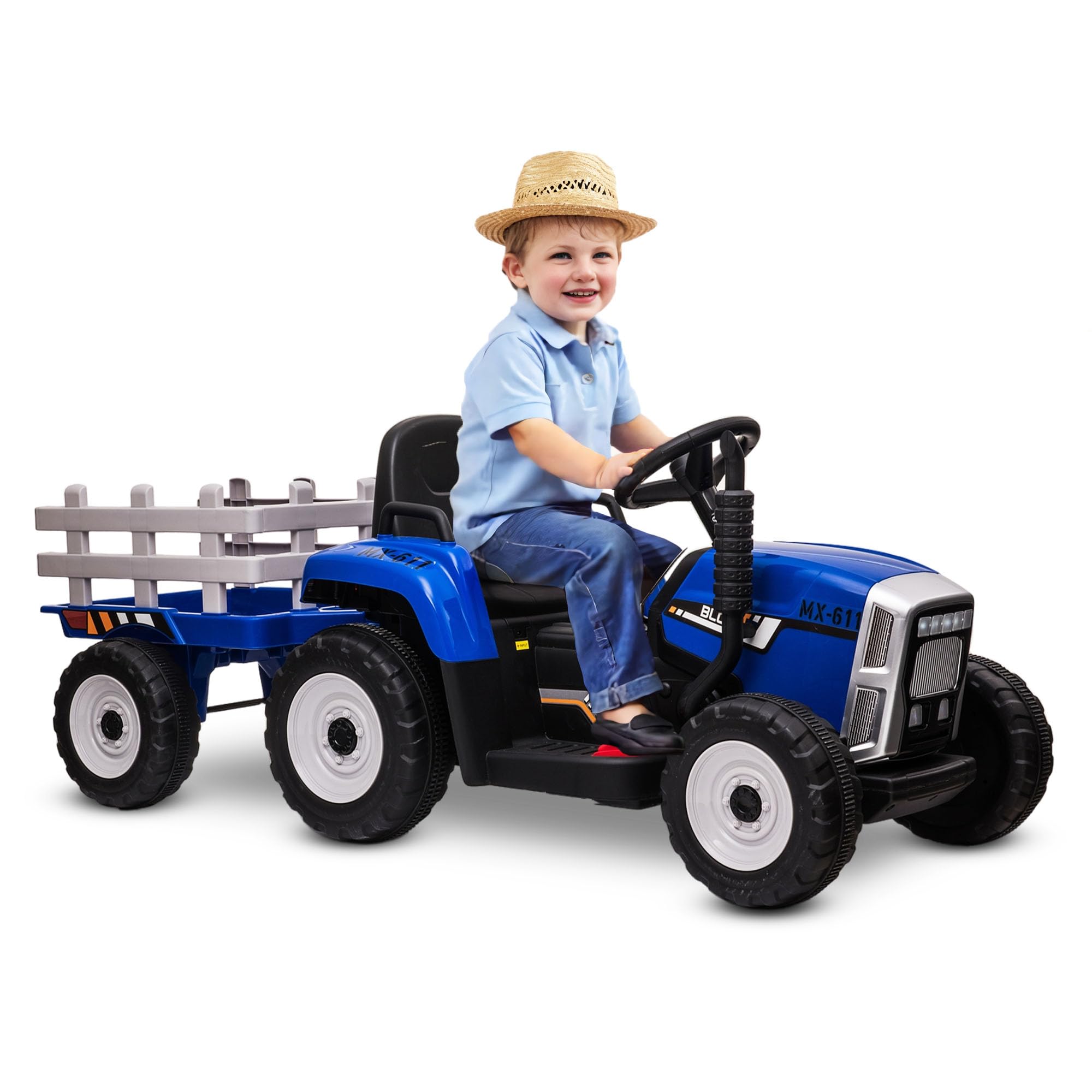 Tracteur Electrique Enfant avec remorque New Holland 12V de Babycar - Jouet Tracteur Electrique Enfant avec MP3 Licence Officielle et télécommande (Bleu)