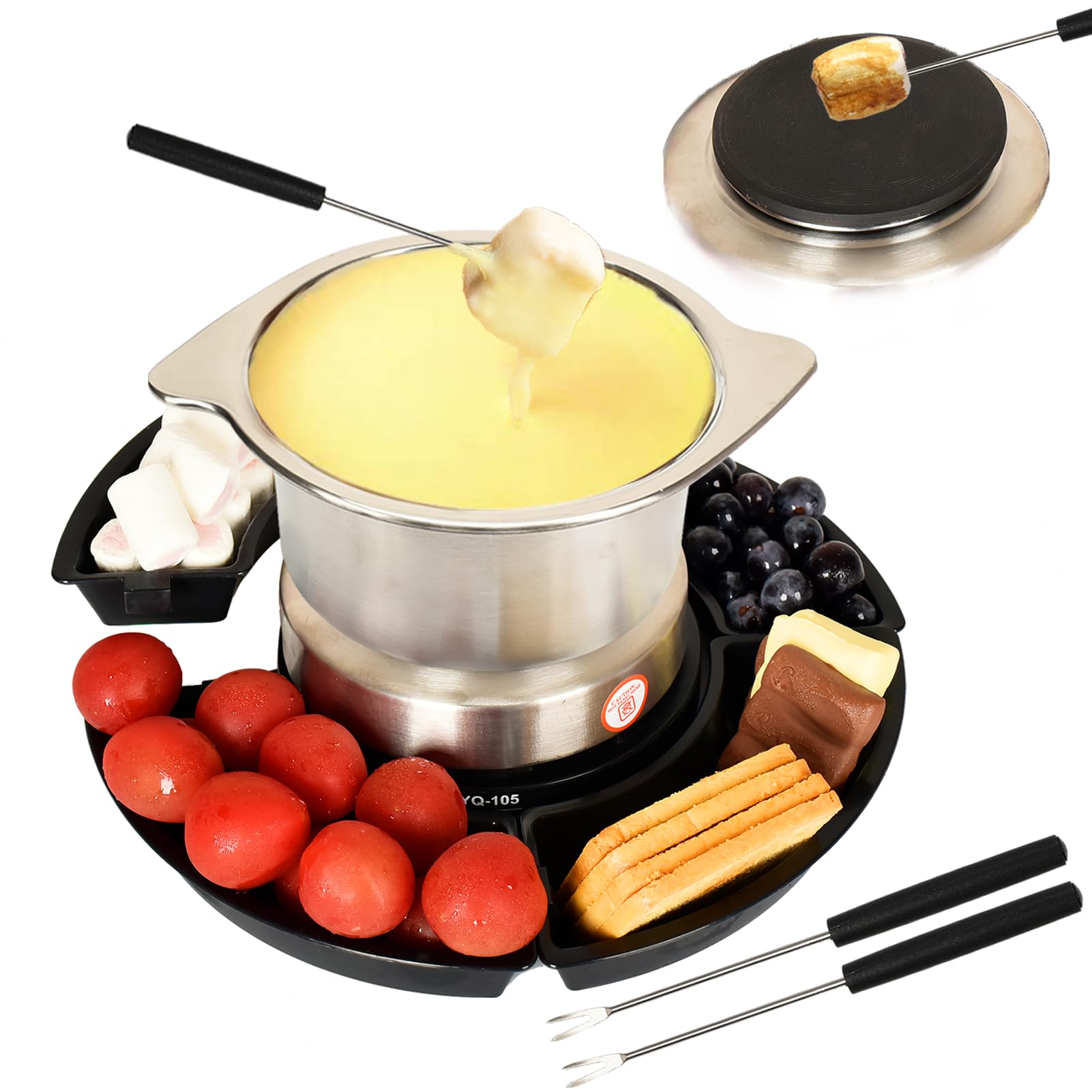 SANGLE SOPFFY - Juego de fondue 2 en 1 y cafetera eléctrica de S'mores – Juego de fondue de queso y chocolate con control de temperatura, bandejas desmontables, juego eléctrico de fondue con 4