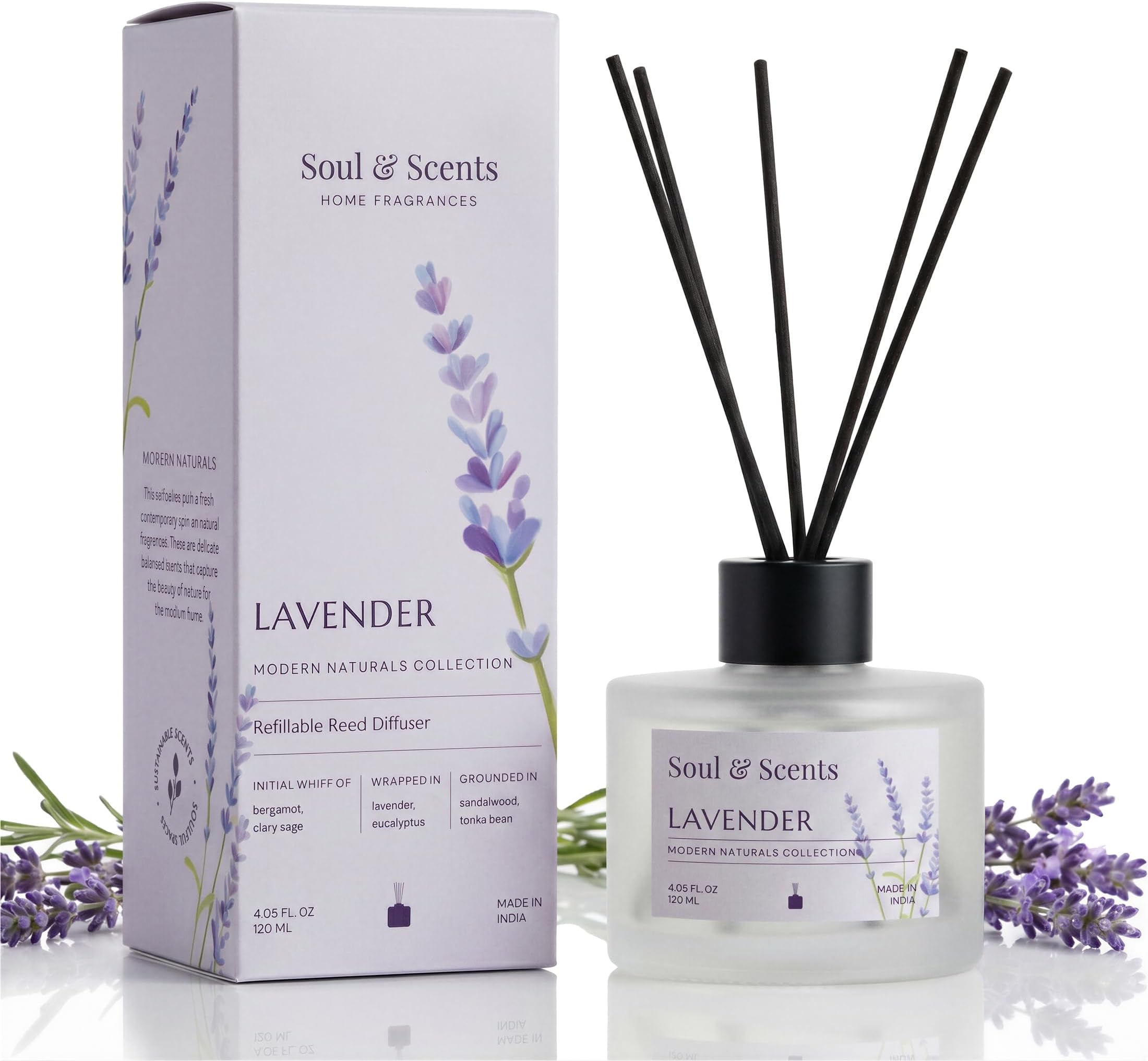 Glass 120ml Lavender Reed Diffuser Set | Free 6 Fiber Reed Sticks | Stress Relief & Aromatherapy | Long-Lasting, Smoke-Free Air Freshener for Home, Bedroom & Office | Ideal for Gifting