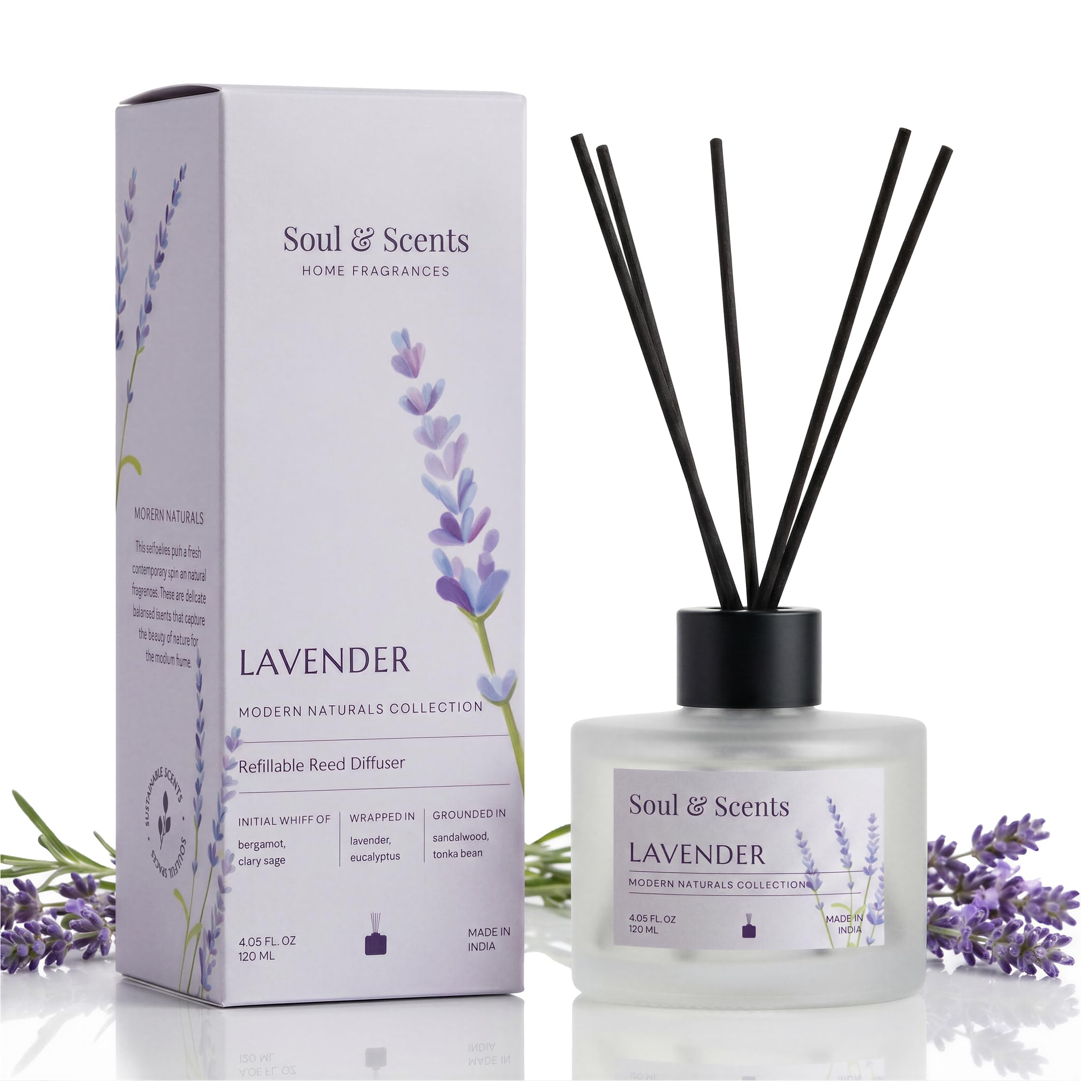 Soul & Scents 120 Ml Lavender Reed Diffuser Set | Free 6 Fiber Reed Sticks | Stress Relief & Aromatherapy | Long-Lasting, Smoke-Free Air Freshener for Home, Bedroom and Office | Ideal for Gifting-image-1