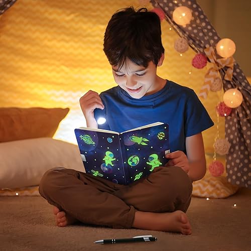 Miniatura 5 de WERNNSAI Diario Luminoso Espacial para Niños, Diario Secreto con Llaves de Cerradura, Cuaderno de Diario con Bolígrafo y Calcomanías, Regalo de
