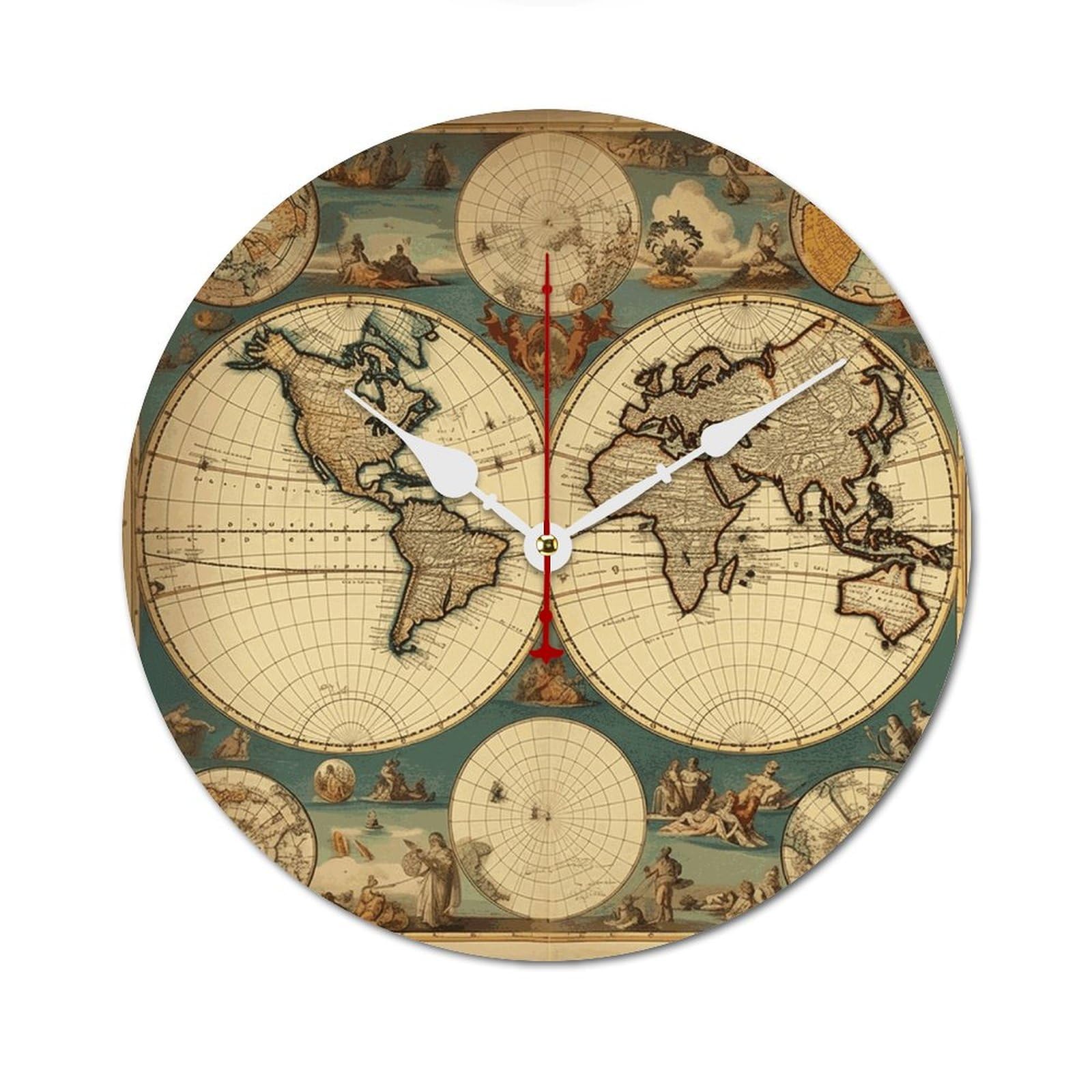 Horloge murale rétro haut de gamme en bois massif mappemonde silencieuse